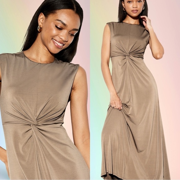 NWTS💓THE OCCASION S💓ELITE LINE GOLD TAUPE SATIN TWIST FRONT FIT & FLARE MAXI - Picture 9 of 16